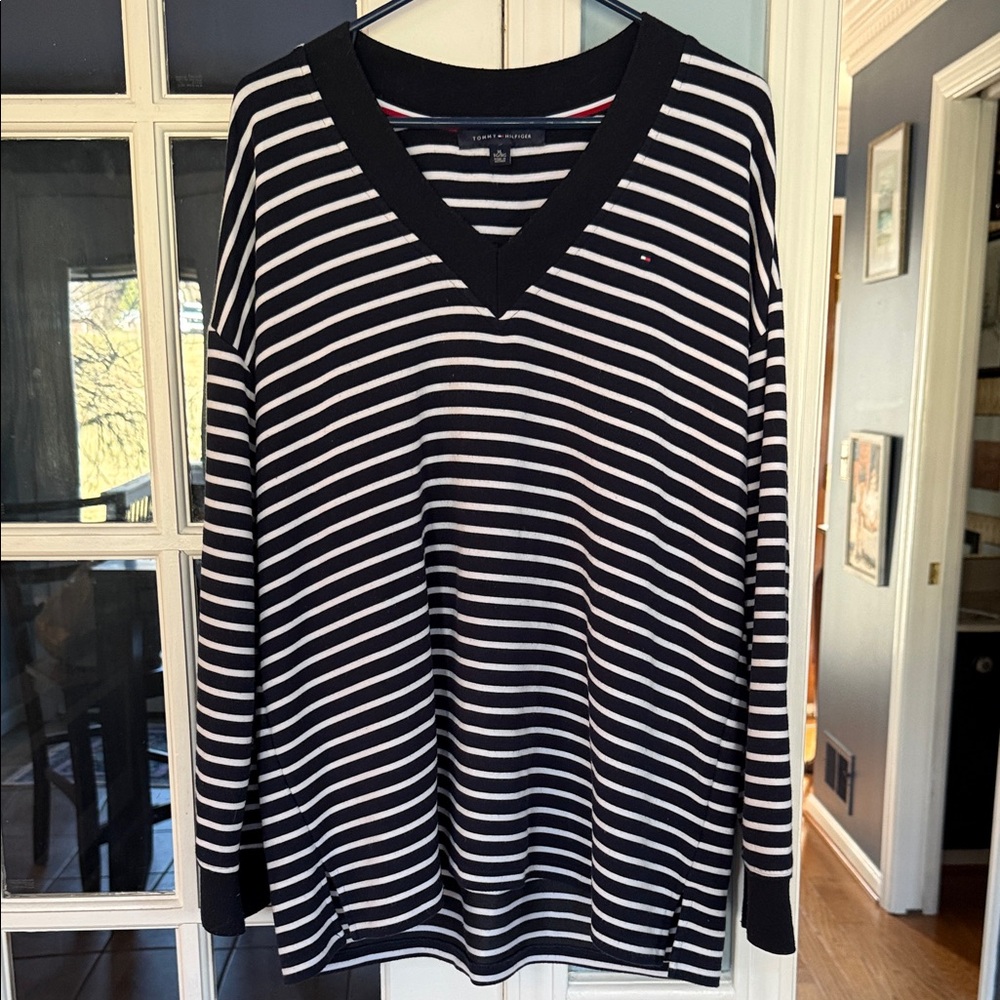 Tommy Hilfiger Navy and White Striped V-Neck Tunic